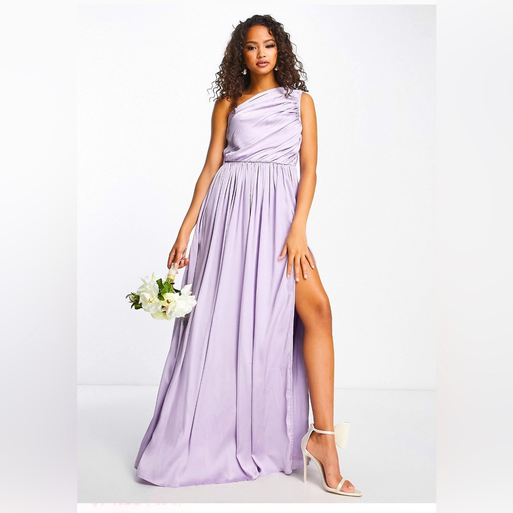 Anaya Bridesmaid satin one shoulder thigh split dress in lilac